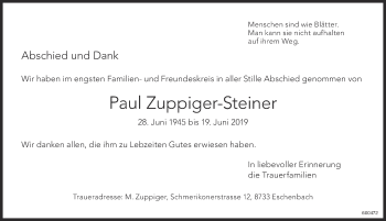 Traueranzeige von Paul Zuppiger-Steiner von ZO Gesamt