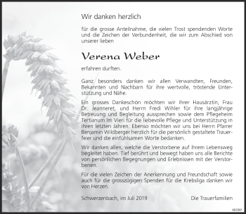 Traueranzeige von Verena Weber von Glattaler