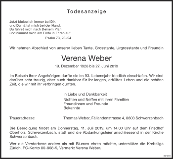 Traueranzeige von Verena Weber von ZO Gesamt