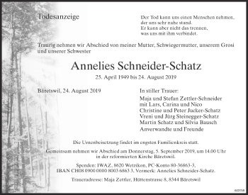 Traueranzeige von Annelies Schneider-Schatz von ZO Gesamt