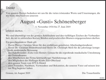 Traueranzeige von August  Schönenberger von ZO Gesamt