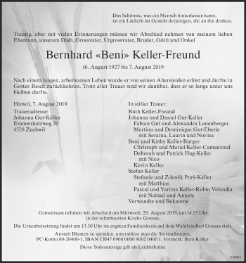 Traueranzeige von Bernhard Keller-Freund von ZO Gesamt