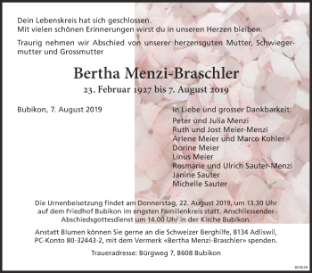 Traueranzeige von Bertha Menzi-Braschler von ZO Gesamt