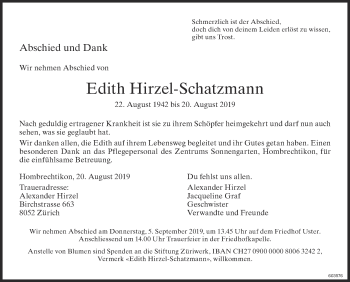 Traueranzeige von Edith Hirzel-Schatzmann von ZO Gesamt