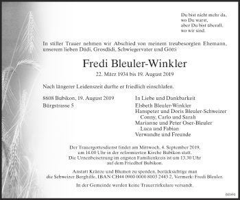 Traueranzeige von Fredi Bleuler-Winkler von ZO Gesamt