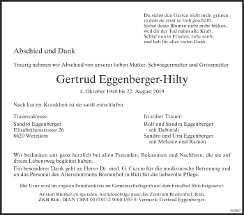 Traueranzeige von Gertrud Eggenberger-Hilty von ZO Gesamt