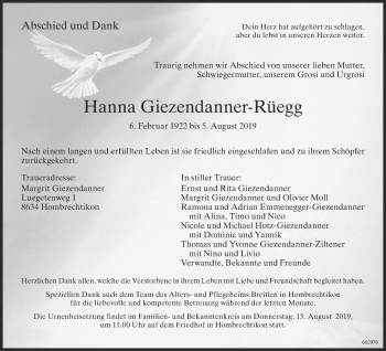 Traueranzeige von Hanna Giezendanner-Rüegg von ZO Gesamt