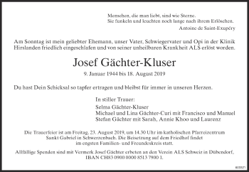 Traueranzeige von Josef Gächter-Kluser von Glattaler