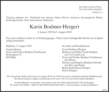 Traueranzeige von Karin Bodmer-Hergert von ZO Gesamt