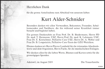 Traueranzeige von Kurt Alder-Schnider von ZO Gesamt