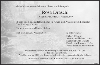 Traueranzeige von Rosa Draschl von ZO Gesamt