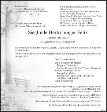 Traueranzeige von Sieglinde Bertschinger-Felix von ZO Gesamt