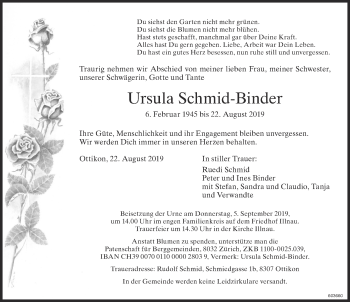 Traueranzeige von Ursula Schmid-Binder von ZO Gesamt