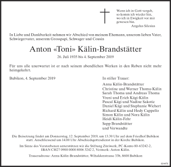 Traueranzeige von Anton Kälin-Brandstätter von ZO Gesamt