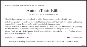 Traueranzeige von Anton Kälin von ZO Gesamt