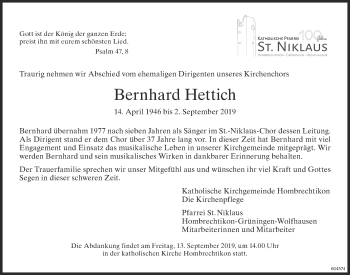 Traueranzeige von Bernhard Hettich von ZO Gesamt