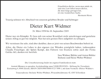 Traueranzeige von Dieter Kurt Widmer von reg_12345