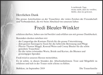 Traueranzeige von Fredi Bleuler-Winkler von ZO Gesamt