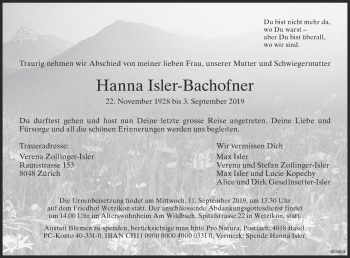 Traueranzeige von Hanna Isler-Bachofner von ZO Gesamt