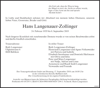 Traueranzeige von Hans Langenauer-Zollinger von ZO Gesamt