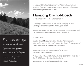 Traueranzeige von Hansjörg Bischof-Bösch von ZO Gesamt