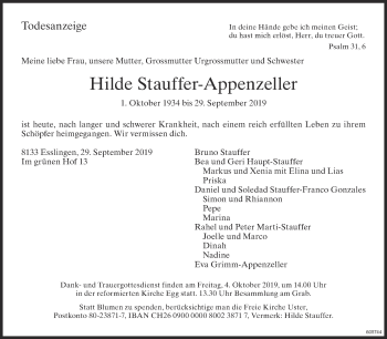 Traueranzeige von Hilde Stauffer-Appenzeller von ZO Gesamt