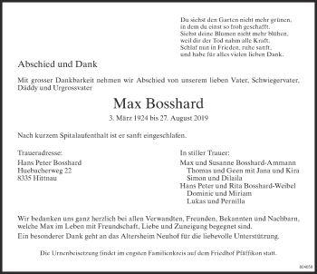 Traueranzeige von Max Bosshard von ZO Gesamt