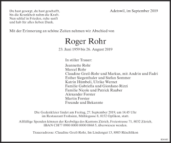 Traueranzeige von Roger Rohr von ZO Gesamt