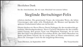 Traueranzeige von Sieglinde Bertschinger-Felix von ZO Gesamt