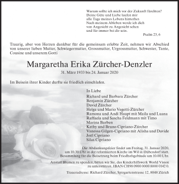 Traueranzeige von Margaretha Erika Zürcher-Denzler von ZO SOLO