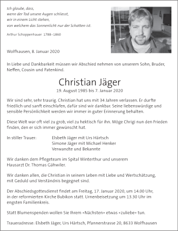 Traueranzeige von Christian Jäger von ZO solo