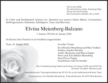 Traueranzeige von Elvina Meienberg-Balzano von ZO solo