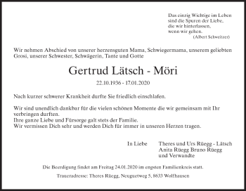 Traueranzeige von Gertrud  Lätsch-Möri von ZO solo