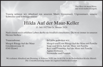 Traueranzeige von Hilda  Auf der Maur-Keller von AvU