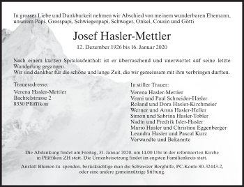 Traueranzeige von Josef Hasler-Mettler von AvU