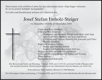 Traueranzeige von Josef Stefan Imholz-Steiger von ZO solo