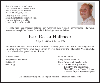 Traueranzeige von Karl Reiser-Halbheer von ZO solo