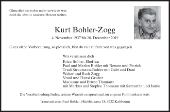 Traueranzeige von Kurt Bohler-Zogg von ZO solo