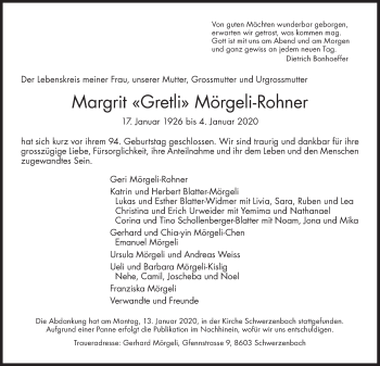 Traueranzeige von Margrit  Mörgeli-Rohner von GL solo