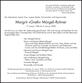 Traueranzeige von Margrit  Mörgeli-Rohner von AvU