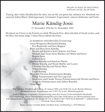 Traueranzeige von Marie Kündig-Jossi von ZO solo