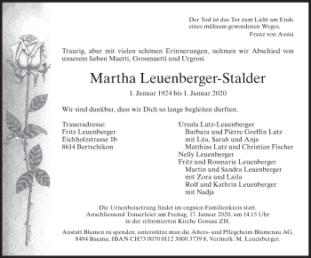 Traueranzeige von Martha Leuenberger-Stalder von AvU