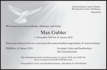 Traueranzeige von Max Gubler von ZO solo