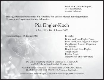 Traueranzeige von Pia Engler-Koch von ZO solo