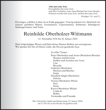 Traueranzeige von Reinhilde Oberholzer-Wittmann von ZO solo