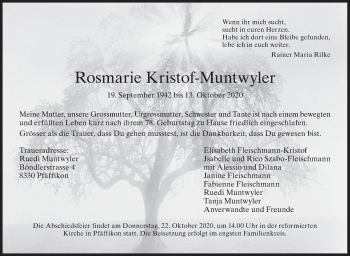 Traueranzeige von Rosmarie Kristof-Muntwyler von AvU