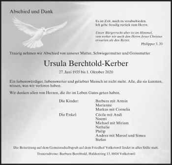 Traueranzeige von Ursula Berchtold-Kerber von VO solo