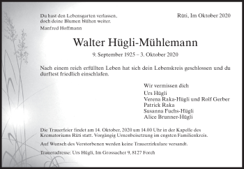 Traueranzeige von Walter Hügli-Mühlemann von AvU