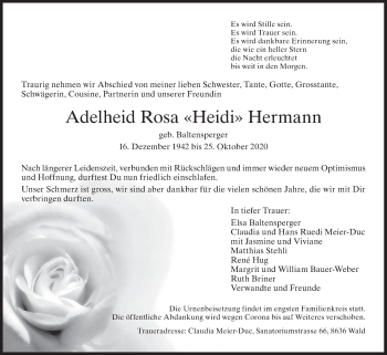 Traueranzeige von Adelheid Rosa  Hermann von AvU