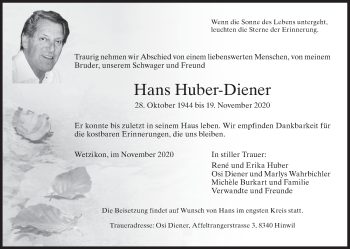 Traueranzeige von Hans Huber-Diener von ZO solo